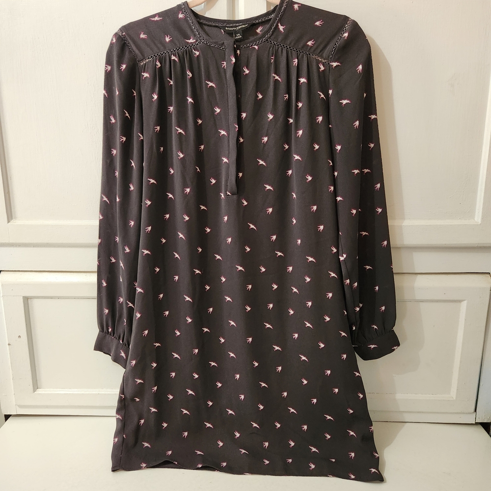 Banana Republic Long Sleeve Dress in Charcoal with Pink And White Bird Pattern